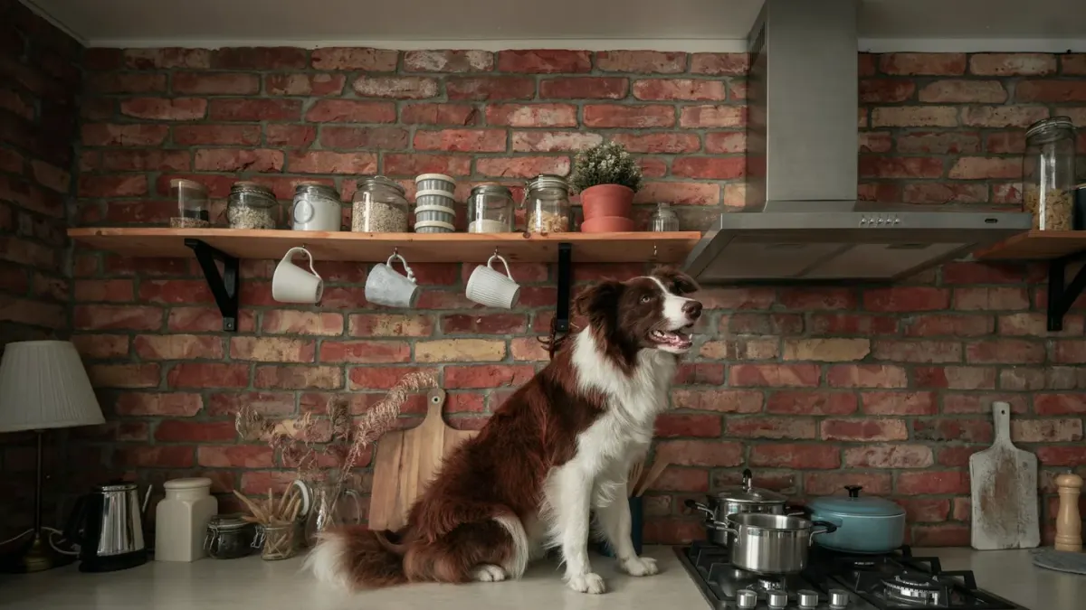 A dog eating a raw food meal from a stainless steel bowl in a home kitchen