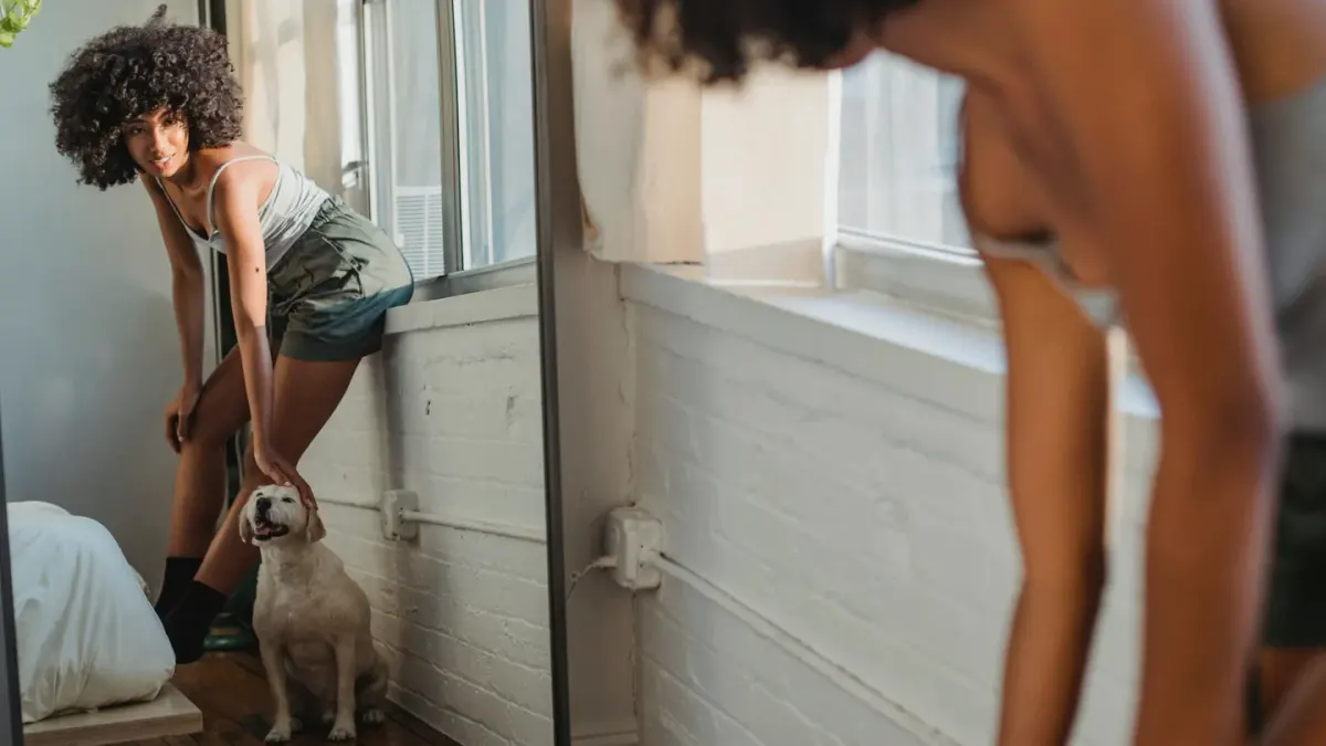 A dog standing near an empty food bowl in a kitchen in early morning light