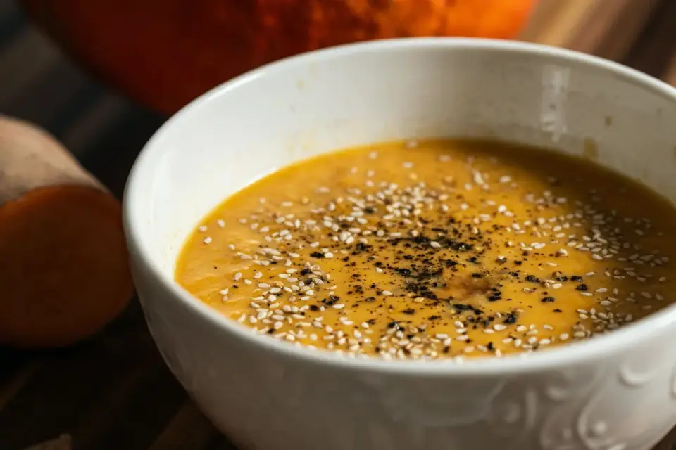 A medium-sized dog eating pumpkin puree from a stainless steel bowl
