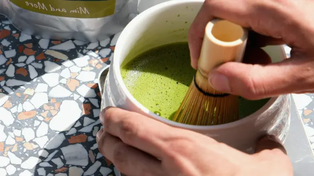 An owner stirring a spoonful of powder into a small bowl of water for a dog