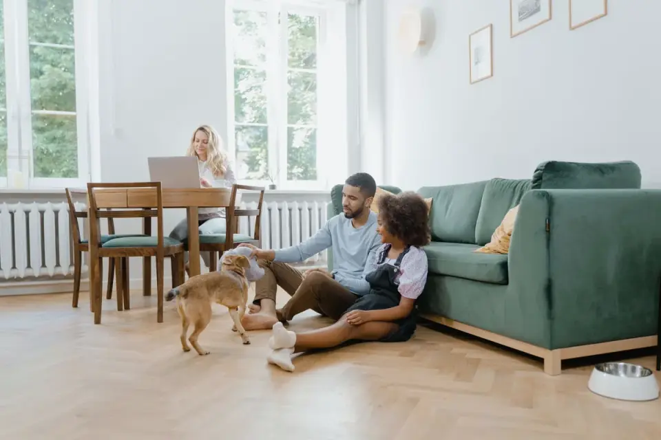 Dog eating from a bowl at home