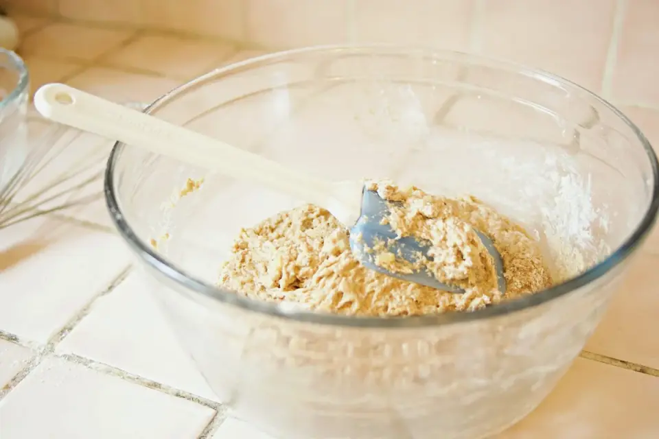 Two kinds of dry dog food being mixed together in a bowl